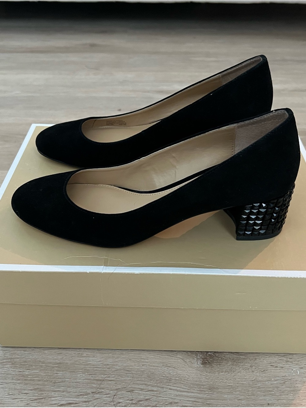 Michael Kors Black Suede Studded Block Heel Pumps